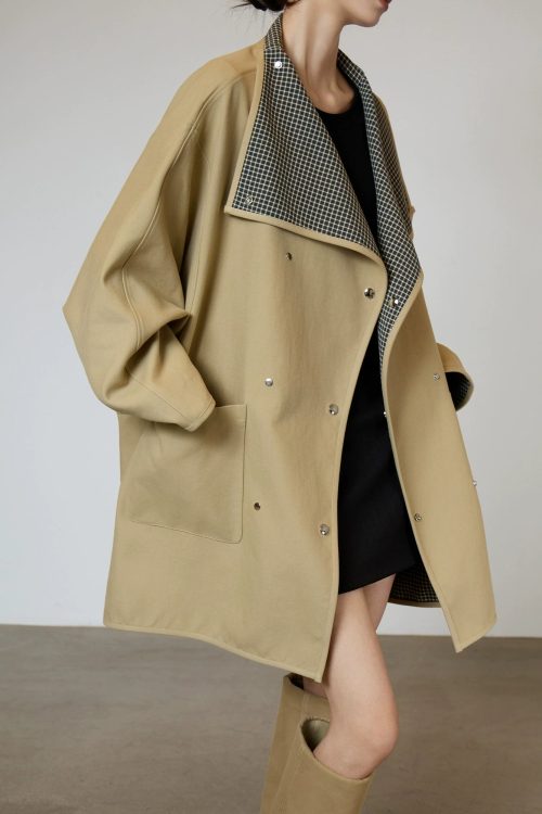 Khaki Plaid Patchwork Trench Coat