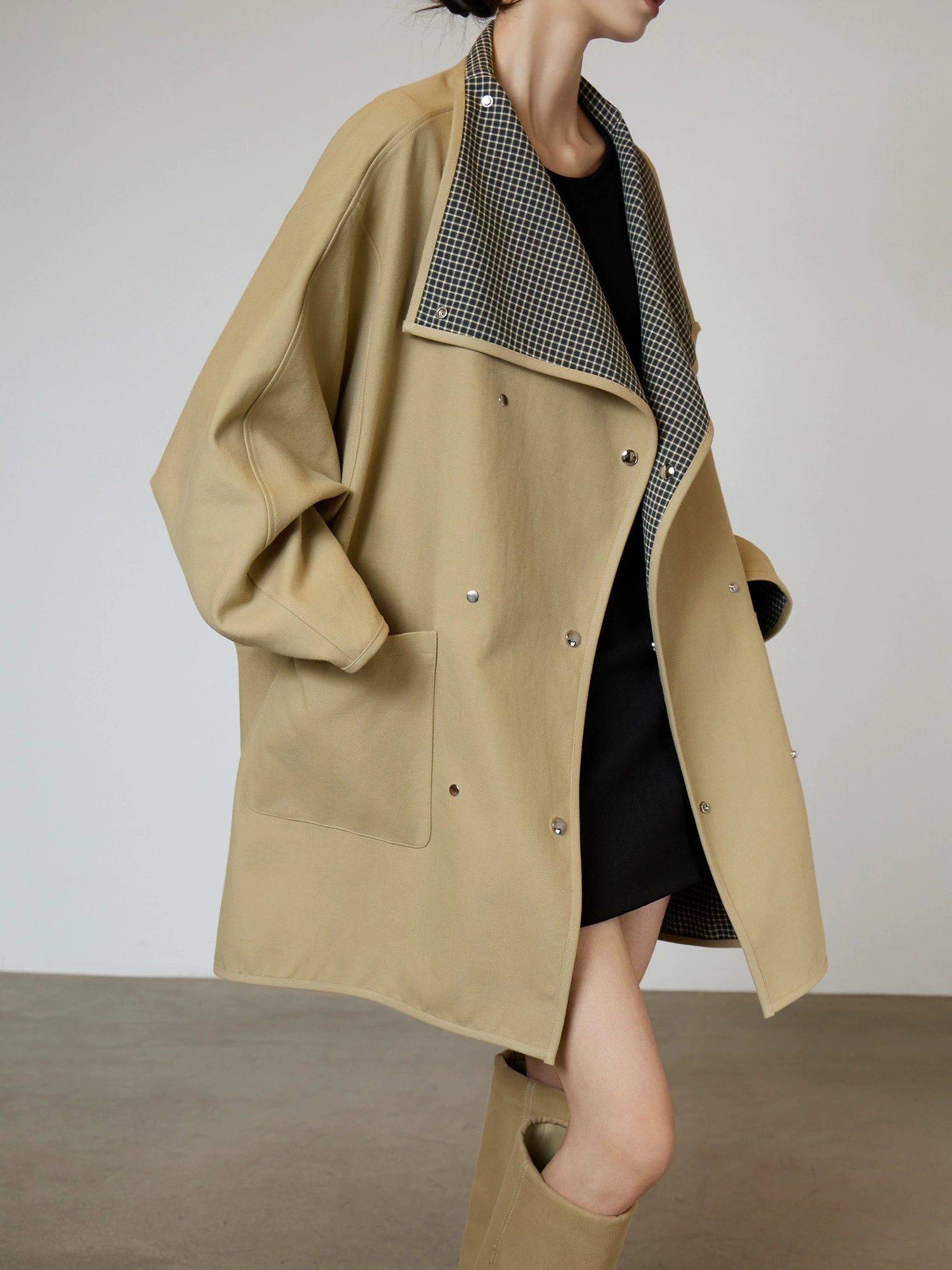 Khaki Plaid Patchwork Trench Coat Khaki Plaid Patchwork Trench Coat