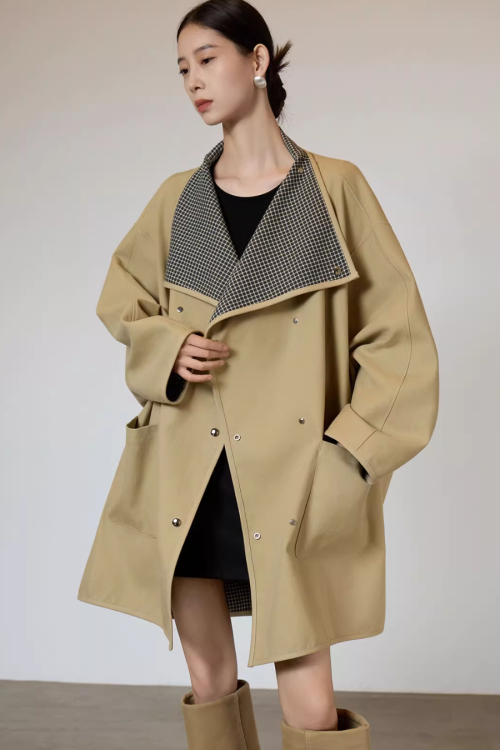 Khaki Plaid Patchwork Trench Coat