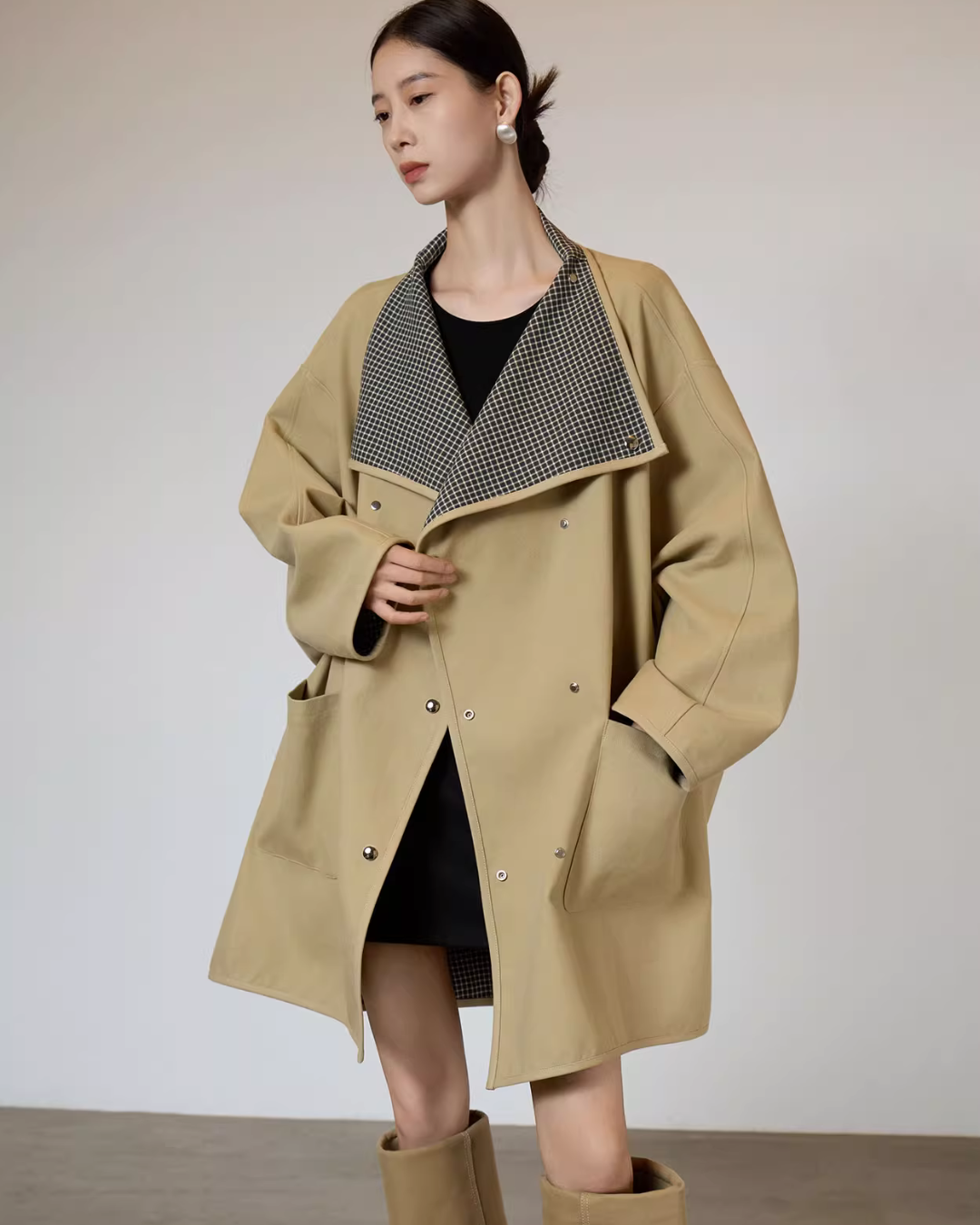 Khaki Plaid Patchwork Trench Coat Khaki Plaid Patchwork Trench Coat