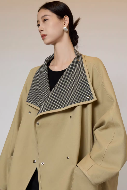 Khaki Plaid Patchwork Trench Coat