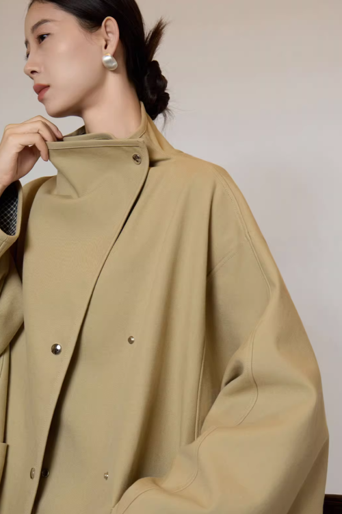 Khaki Plaid Patchwork Trench Coat