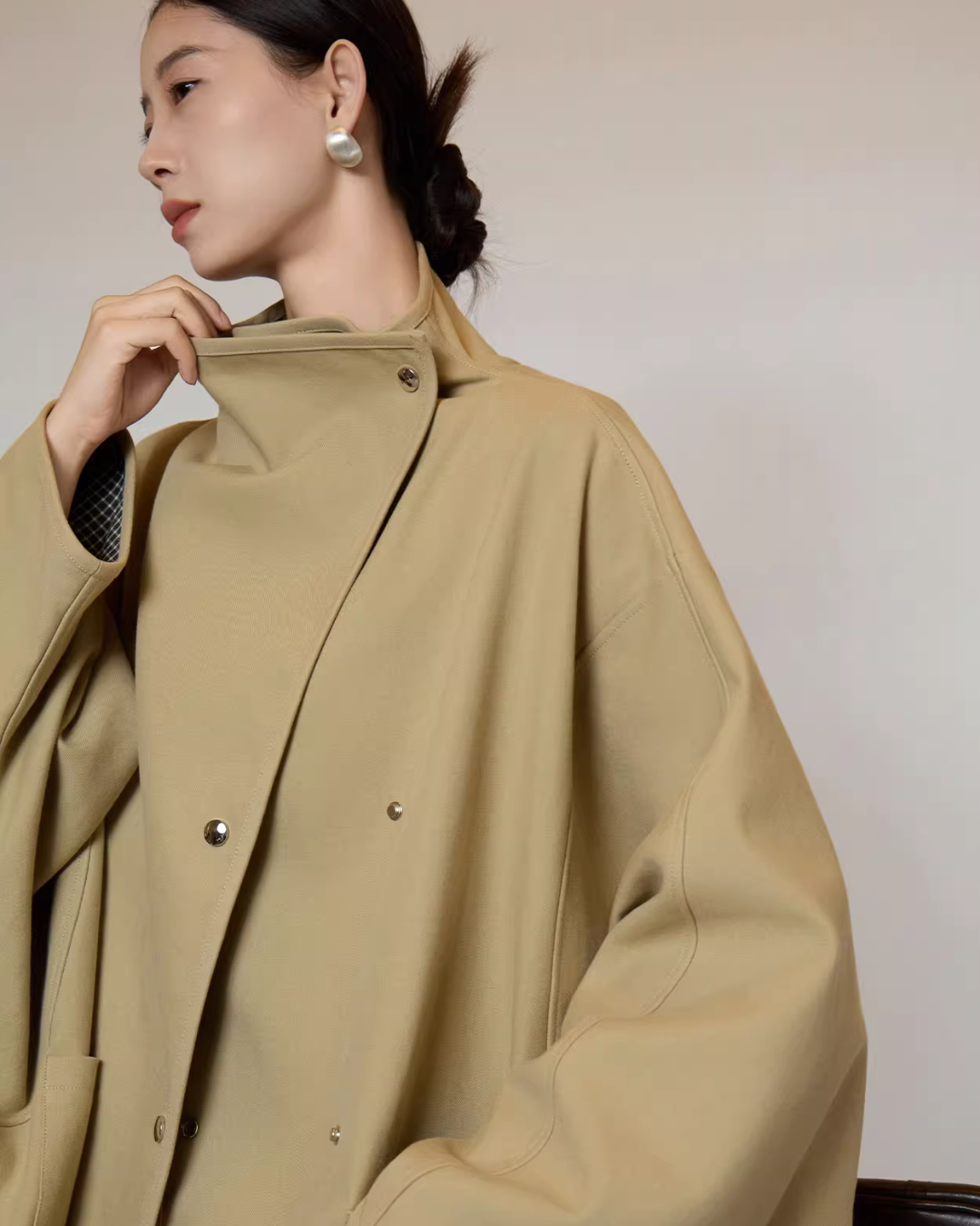 Khaki Plaid Patchwork Trench Coat Khaki Plaid Patchwork Trench Coat