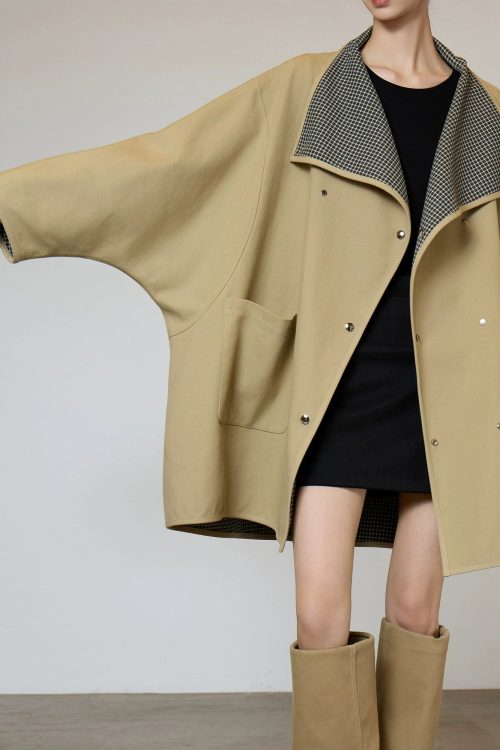 Khaki Plaid Patchwork Trench Coat