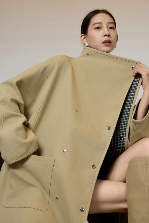 Khaki Plaid Patchwork Trench Coat