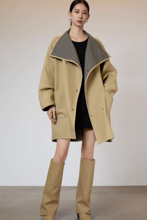 Khaki Plaid Patchwork Trench Coat