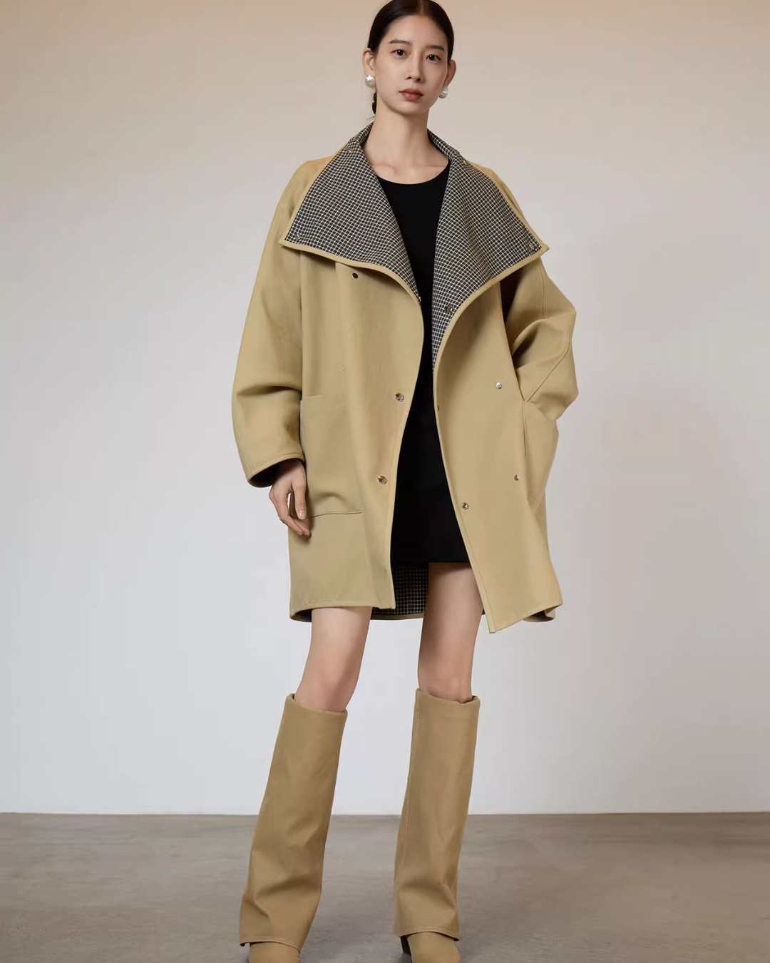 Khaki Plaid Patchwork Trench Coat Khaki Plaid Patchwork Trench Coat