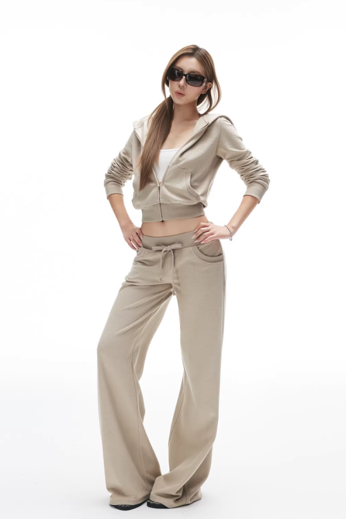 Khaki Slim Short Hoodie / Low-Waist Sweatpants