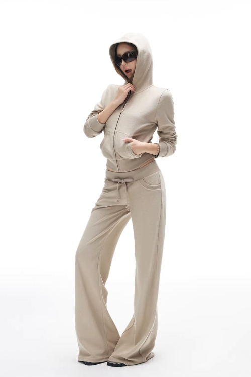 Khaki Slim Short Hoodie / Low-Waist Sweatpants