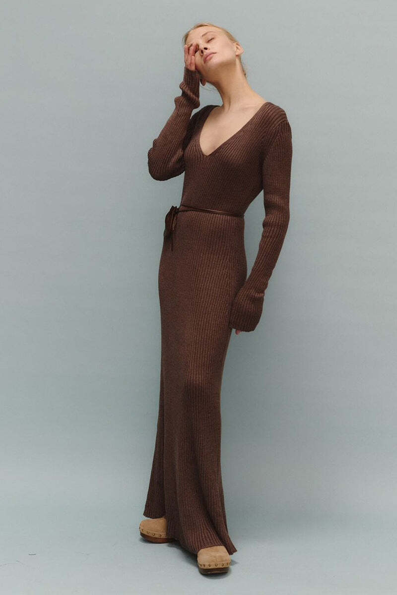 Knit Bodycon V Neck Maxi Dress