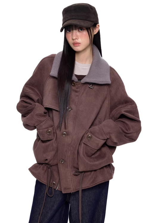 Knit Collar Suede Jacket