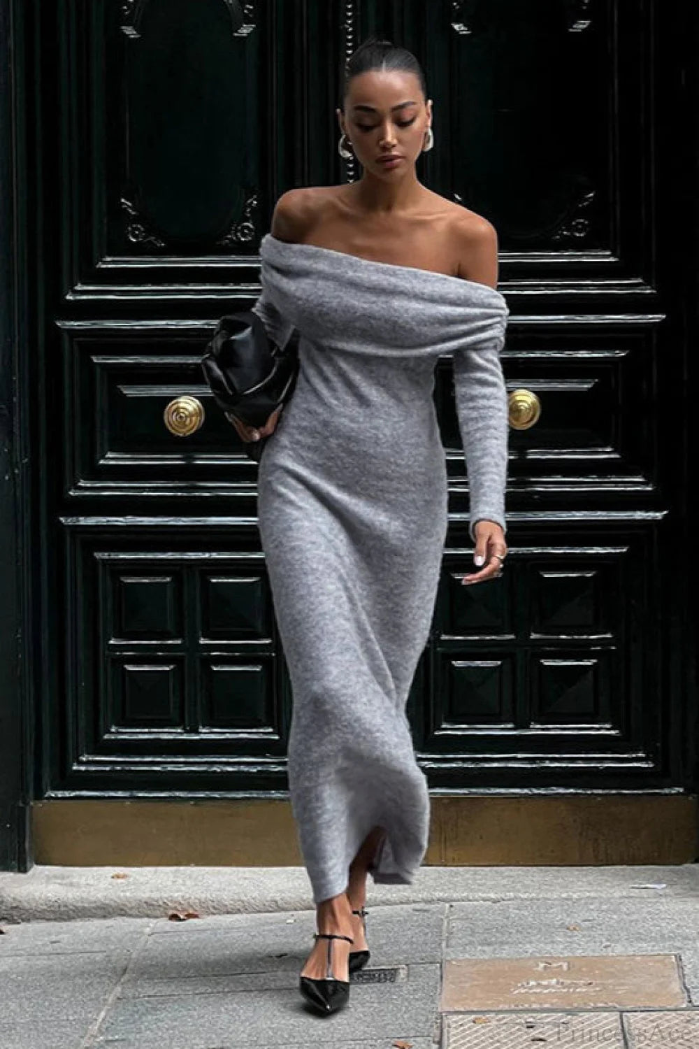 Knit Fitted Off Shoulder Long Sleeve Maxi Dress