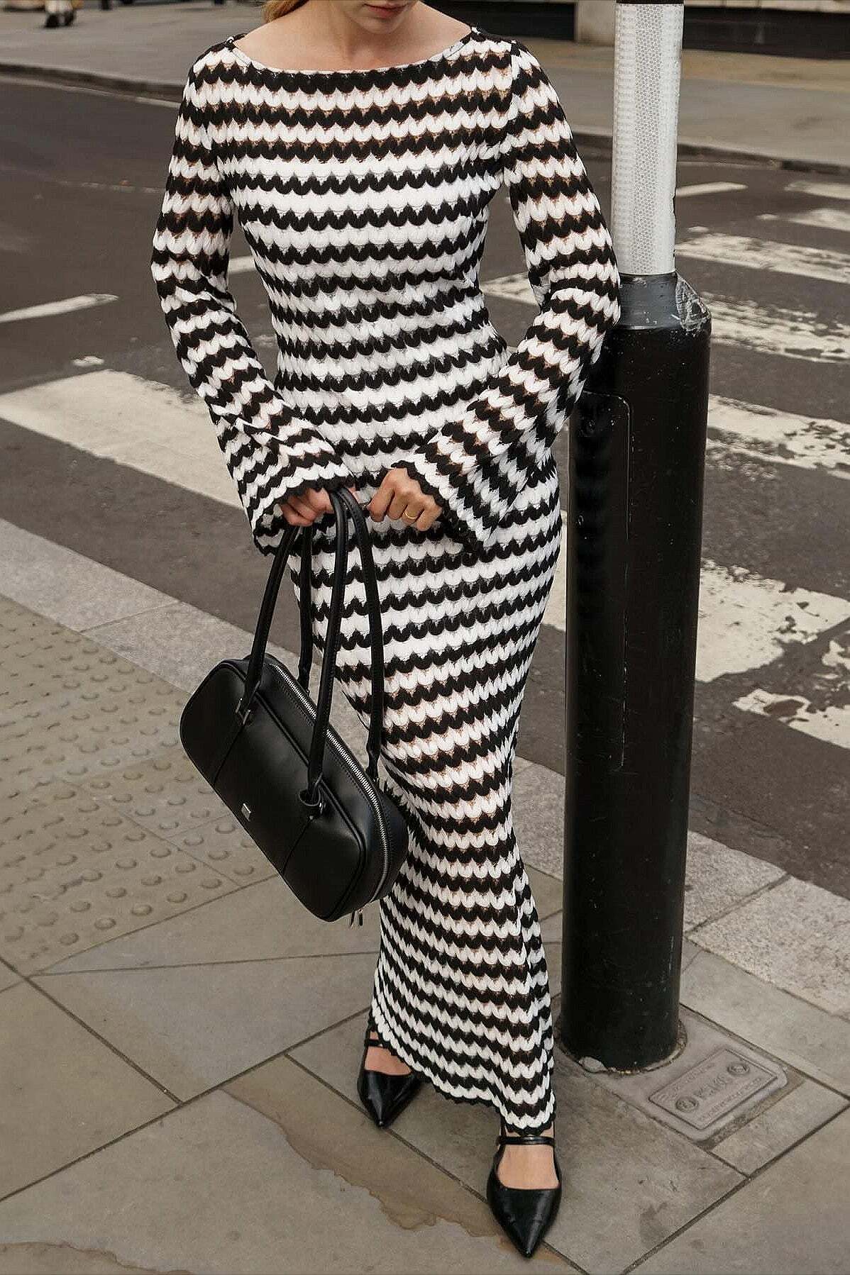 Knit Striped Long Sleeve Fitted Off Shoulder Slit Maxi Dress