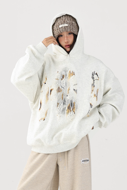 Lace Burnout Embroidered Hoodie