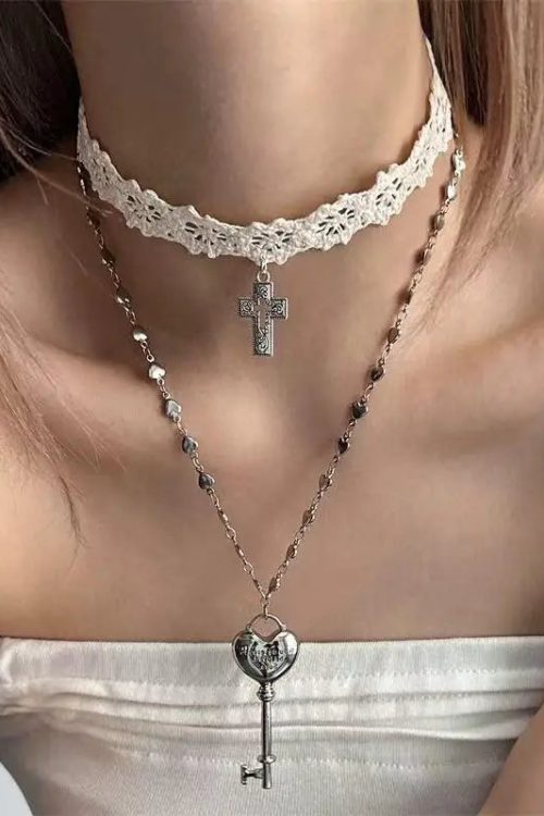 Lace Choker & Heart Lock Necklace