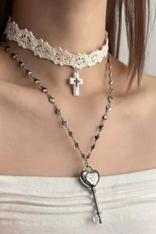 Lace Choker & Heart Lock Necklace