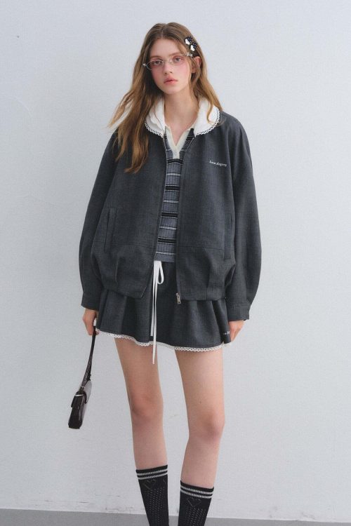 Lace Collar Zip Jacket / Flared Mini Skirt