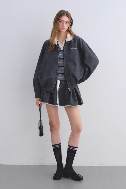 Lace Collar Zip Jacket / Flared Mini Skirt