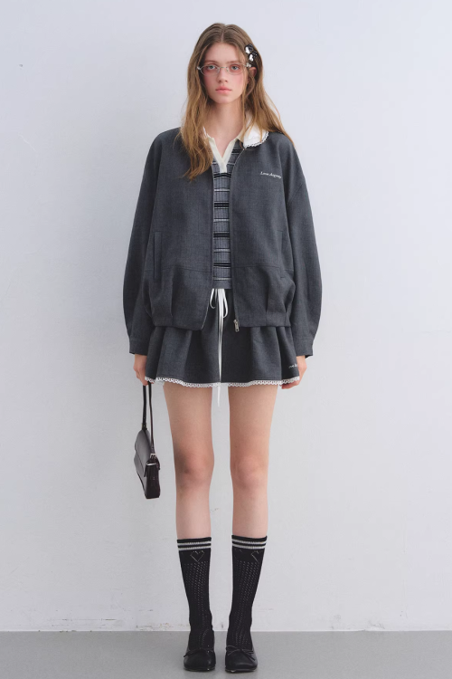 Lace Collar Zip Jacket / Flared Mini Skirt