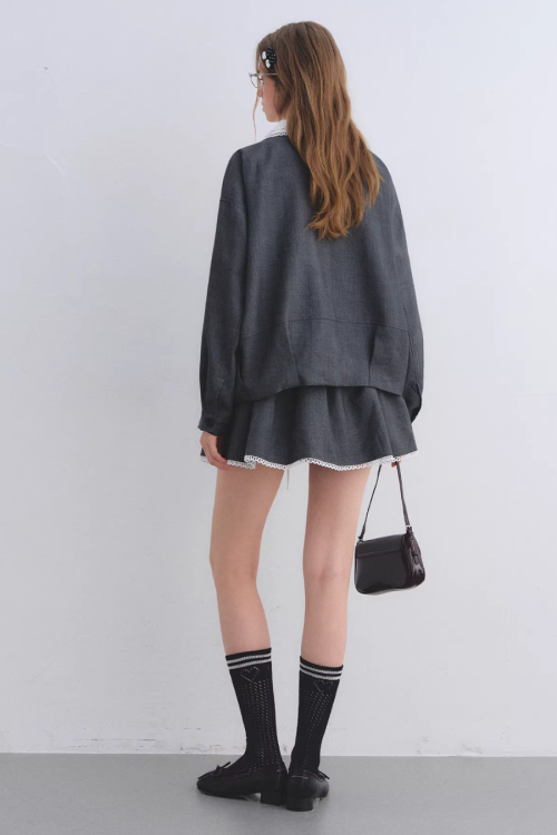 Lace Collar Zip Jacket / Flared Mini Skirt