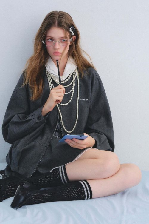 Lace Collar Zip Jacket / Flared Mini Skirt