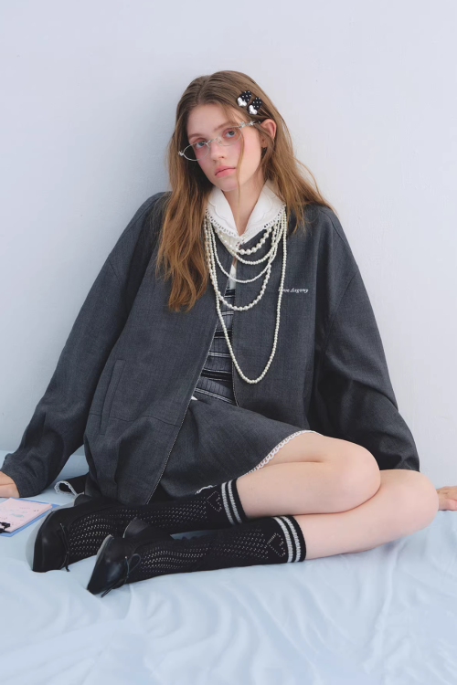 Lace Collar Zip Jacket / Flared Mini Skirt