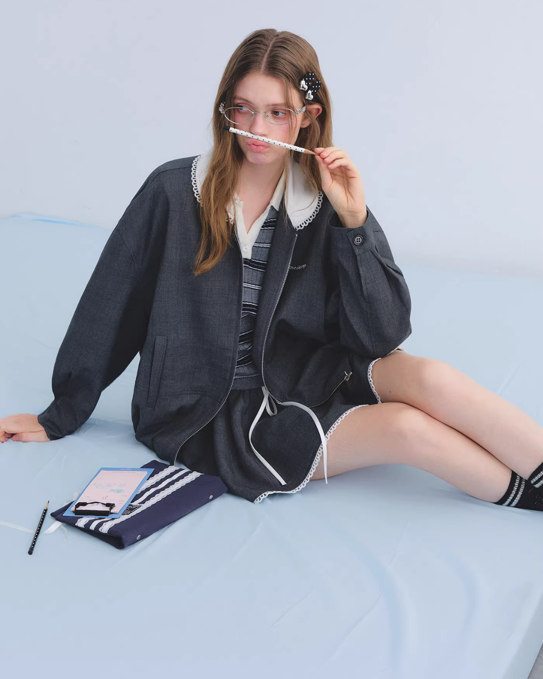 Lace Collar Zip Jacket / Flared Mini Skirt Lace Collar Zip Jacket / Flared Mini Skirt