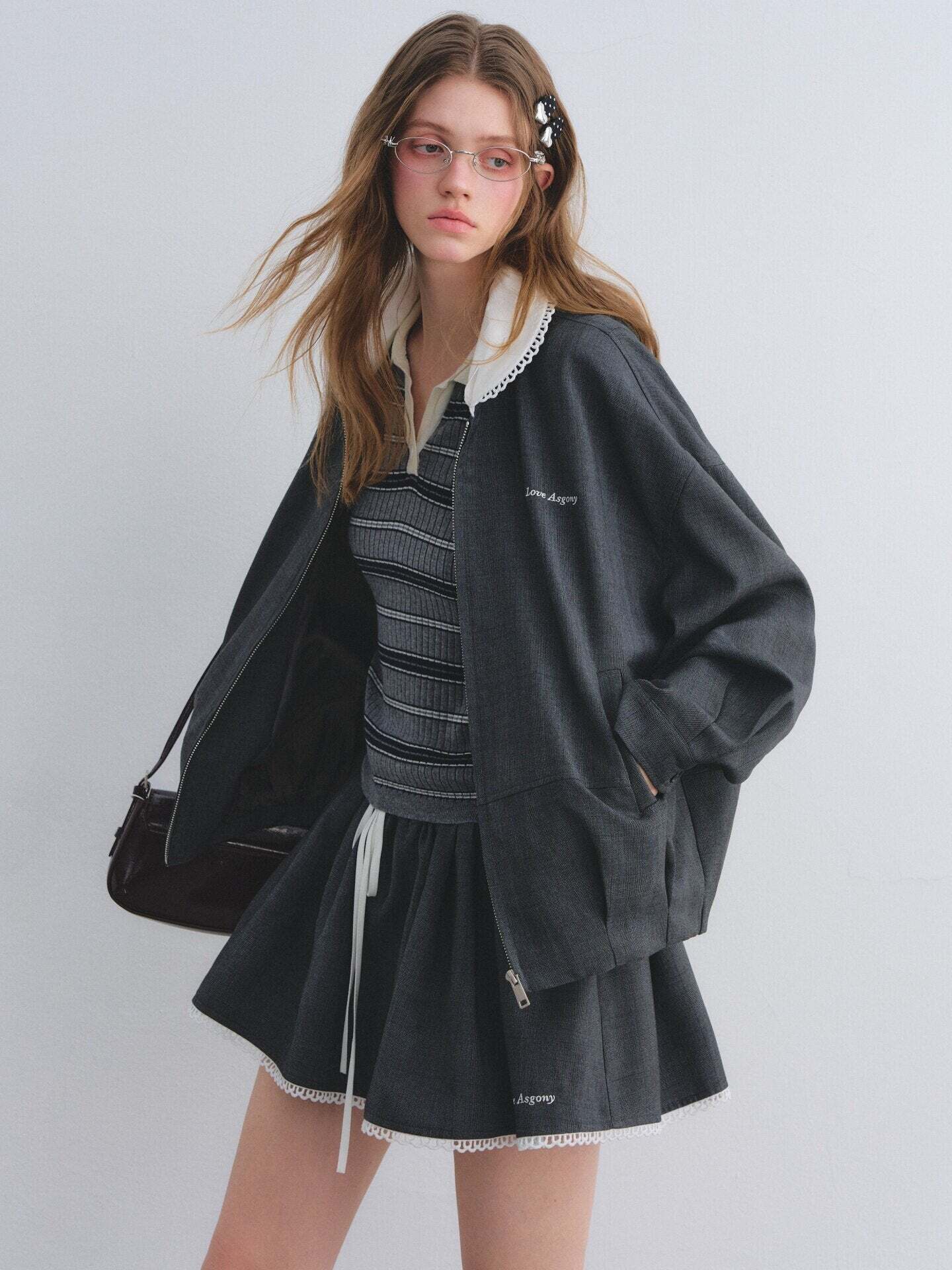 Lace Collar Zip Jacket / Flared Mini Skirt Lace Collar Zip Jacket / Flared Mini Skirt