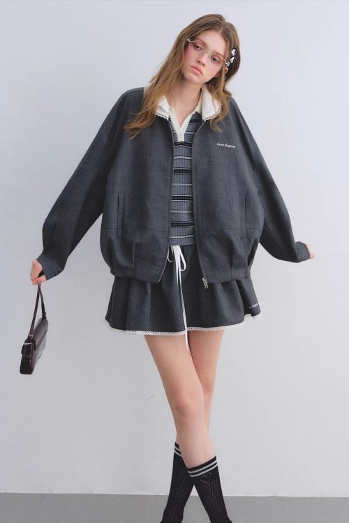 Lace Collar Zip Jacket / Flared Mini Skirt