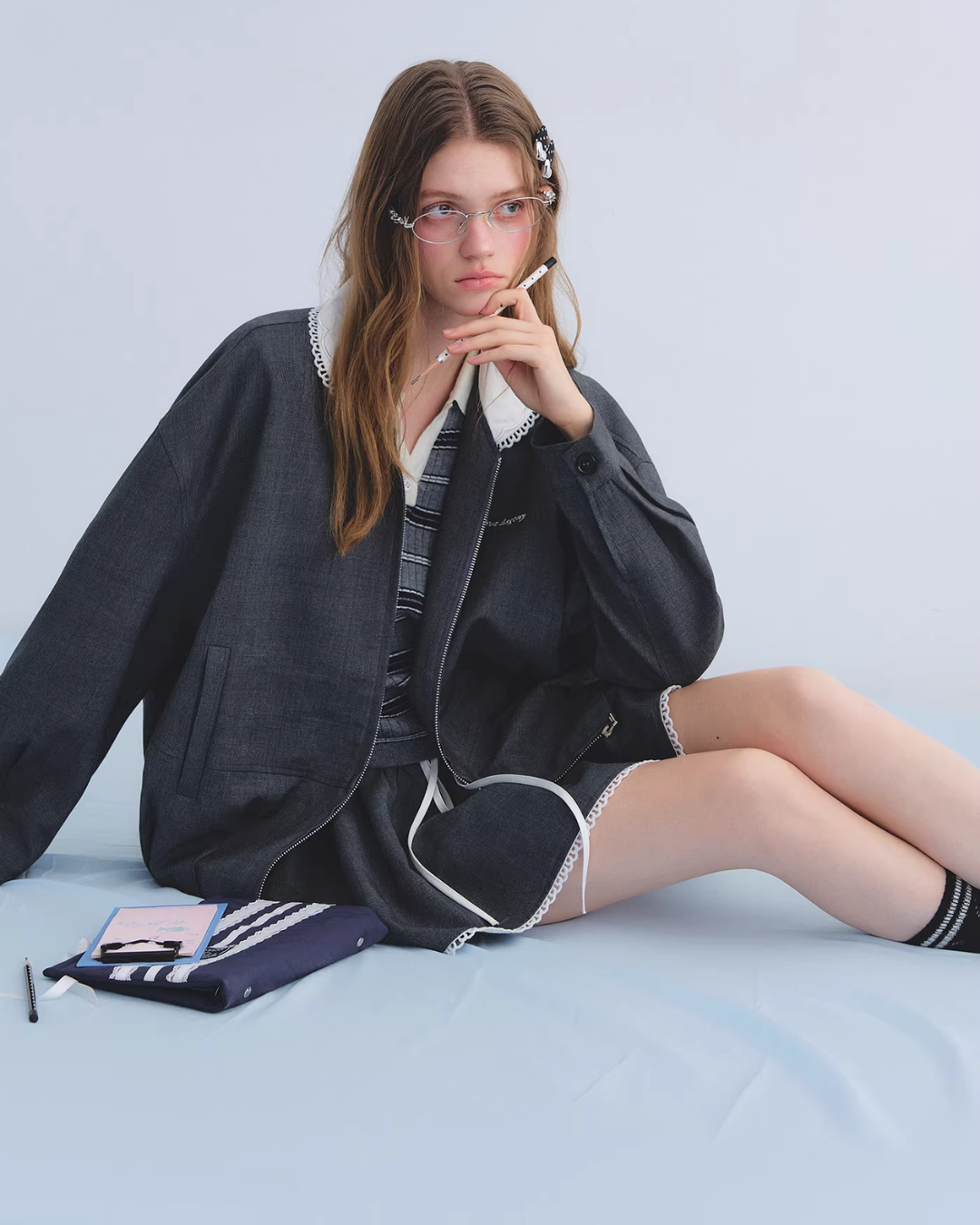 Lace Collar Zip Jacket / Flared Mini Skirt Lace Collar Zip Jacket / Flared Mini Skirt