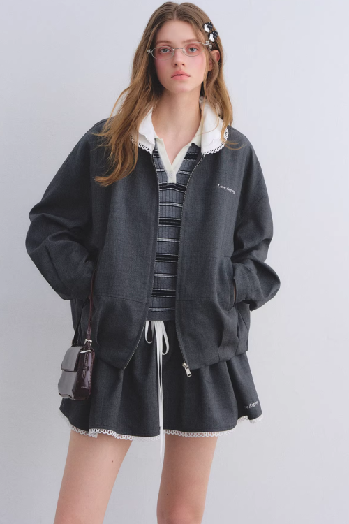 Lace Collar Zip Jacket / Flared Mini Skirt