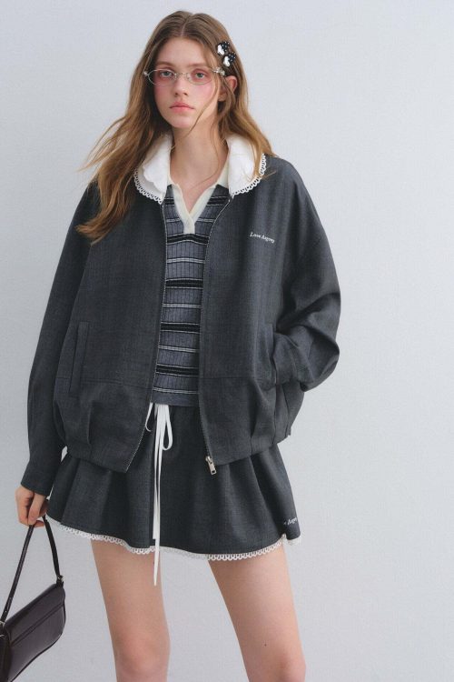 Lace Collar Zip Jacket / Flared Mini Skirt