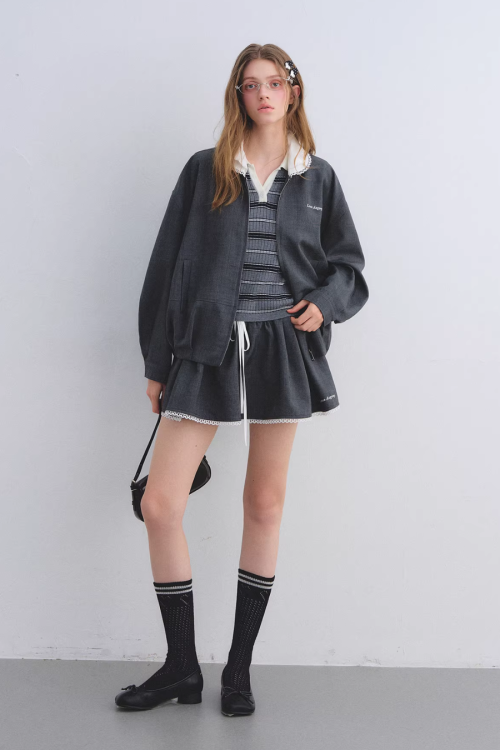 Lace Collar Zip Jacket / Flared Mini Skirt