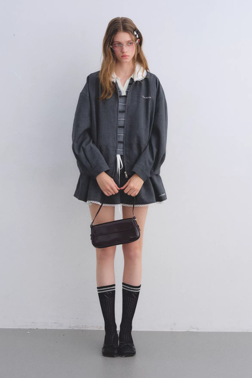 Lace Collar Zip Jacket / Flared Mini Skirt