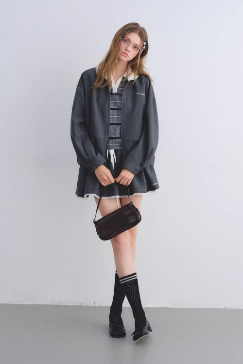 Lace Collar Zip Jacket / Flared Mini Skirt