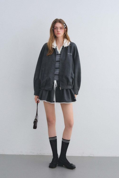 Lace Collar Zip Jacket / Flared Mini Skirt