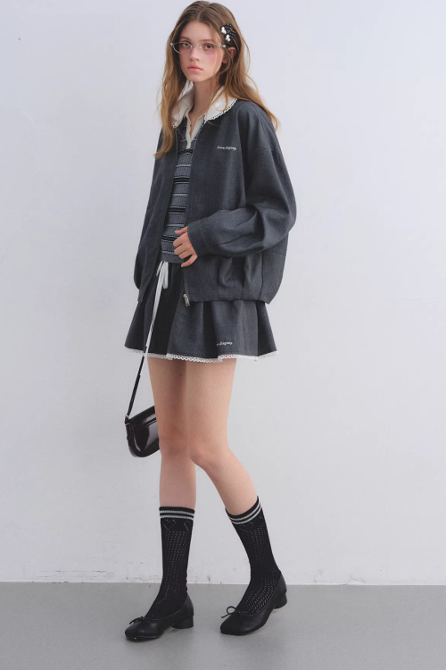 Lace Collar Zip Jacket / Flared Mini Skirt