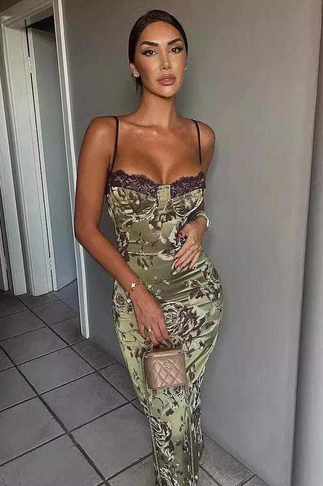 Lace Color Block Printed Slit Bodycon Maxi Dress