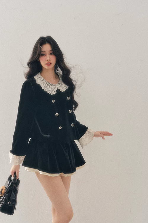 Lace Doll Collar Velvet Tops / Flare Skirt