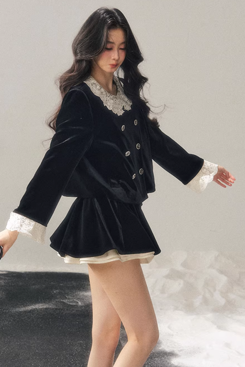 Lace Doll Collar Velvet Tops / Flare Skirt
