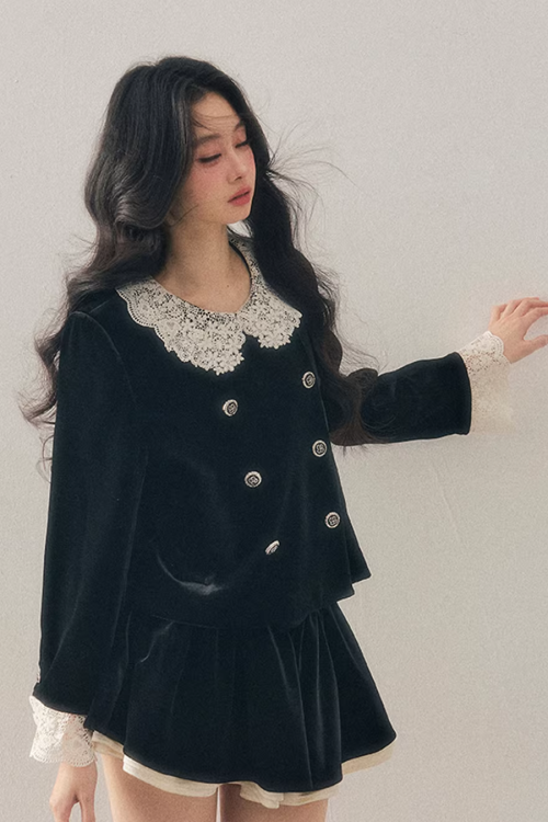 Lace Doll Collar Velvet Tops / Flare Skirt