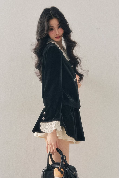 Lace Doll Collar Velvet Tops / Flare Skirt