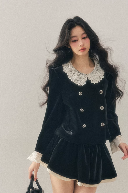 Lace Doll Collar Velvet Tops / Flare Skirt