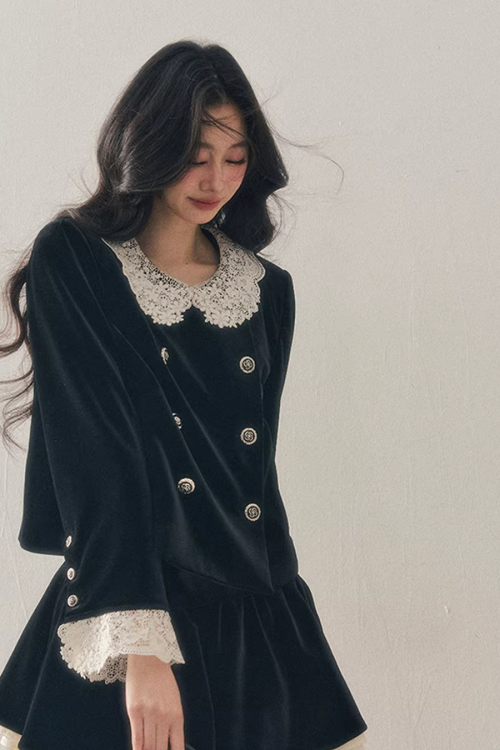 Lace Doll Collar Velvet Tops / Flare Skirt