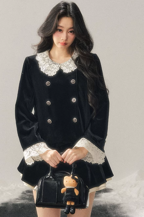 Lace Doll Collar Velvet Tops / Flare Skirt