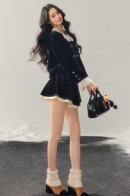 Lace Doll Collar Velvet Tops / Flare Skirt