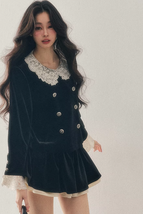 Lace Doll Collar Velvet Tops / Flare Skirt