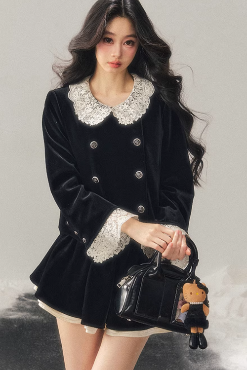 Lace Doll Collar Velvet Tops / Flare Skirt