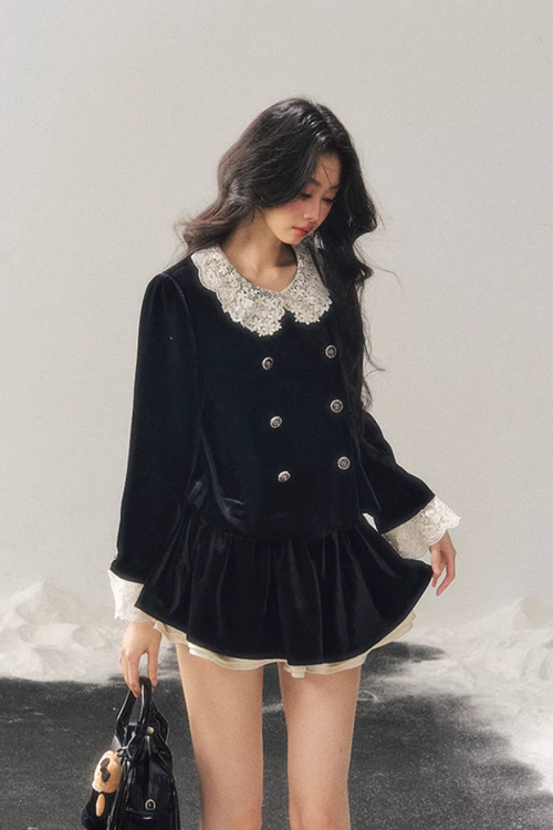 Lace Doll Collar Velvet Tops / Flare Skirt
