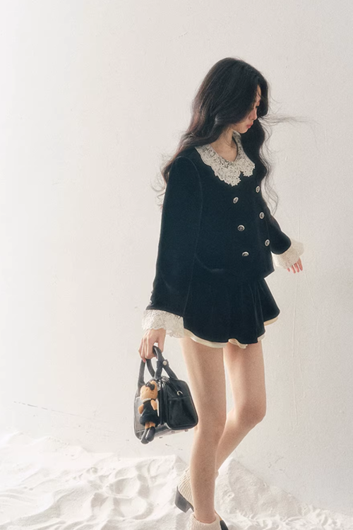 Lace Doll Collar Velvet Tops / Flare Skirt